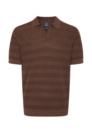 Polo shirt marrone a maniche corte con lavorazione a maglia testurizzata e righe orizzontali. Presenta un colletto classico e un design a V.