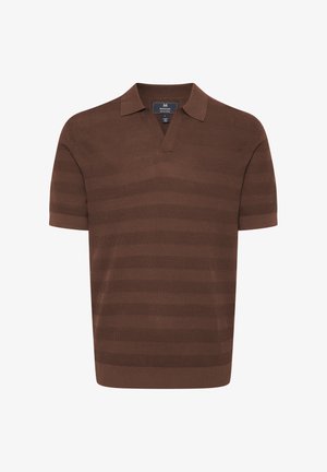 Rövidujjú barna pólóing, texturált kötésű és vízszintes csíkokkal. Klasszikus gallérral és V-nyakkivágással rendelkezik.