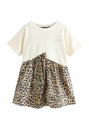 Kortärmad klänning med en krämfärgad topp och leopardmönstrad kjol, med en vid, utfälld design och mjukt bomullsmaterial.