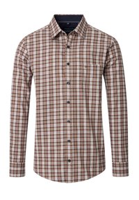 Kariertes Longsleeve-Shirt in Braun, Weiß und Blau. Mit Kentkragen, Brusttasche und kontrastierenden Knöpfen. Aus Baumwollstoff.