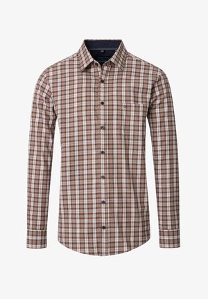 Kariertes Longsleeve-Shirt in Braun, Weiß und Blau. Mit Kentkragen, Brusttasche und kontrastierenden Knöpfen. Aus Baumwollstoff.