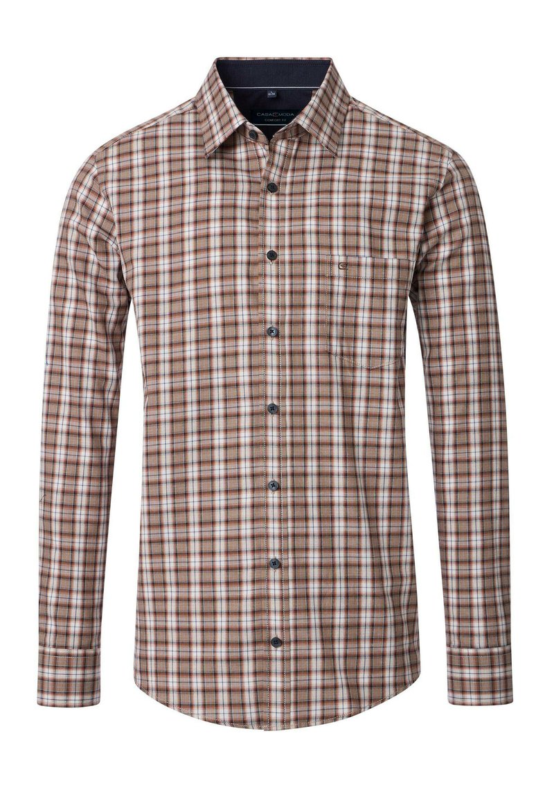 Kariertes Longsleeve-Shirt in Braun, Weiß und Blau. Mit Kentkragen, Brusttasche und kontrastierenden Knöpfen. Aus Baumwollstoff.