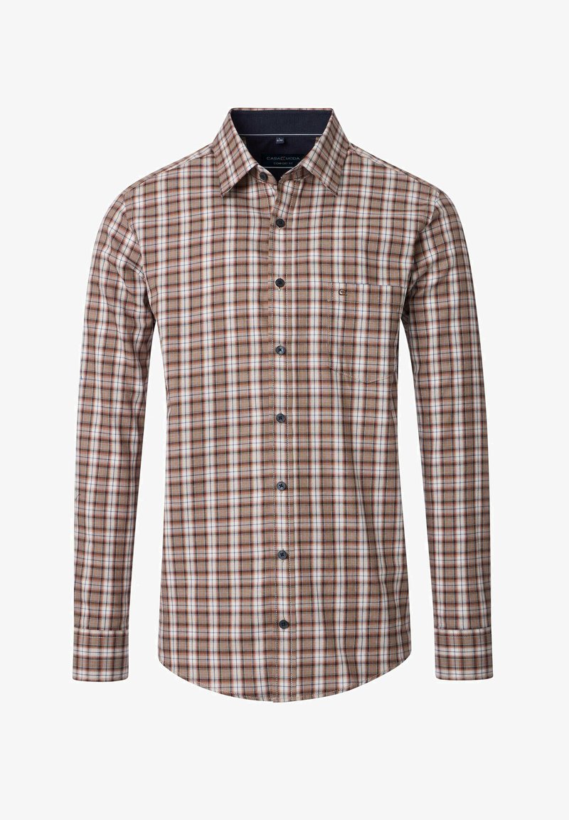 Kariertes Longsleeve-Shirt in Braun, Weiß und Blau. Mit Kentkragen, Brusttasche und kontrastierenden Knöpfen. Aus Baumwollstoff.