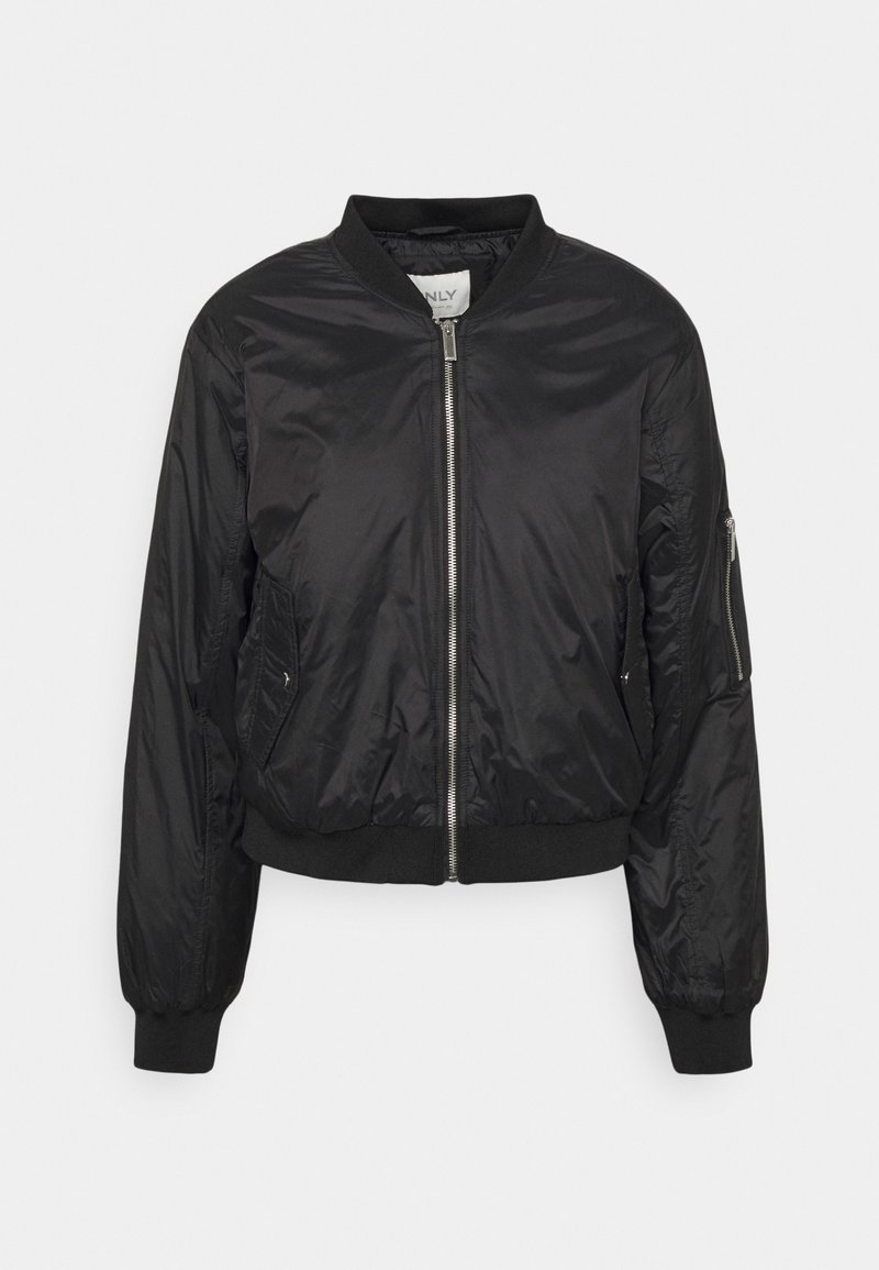 Blouson bomber léger noir avec fermeture éclair frontale, col, poignets et bas côtelés, deux poches latérales et une poche zippée sur la manche gauche.
