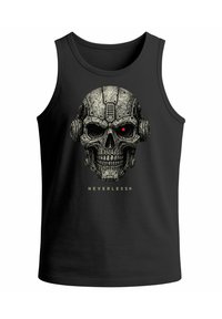 Black tank top features a graphic design of a skull with mechanical accents, a red eye detail, and the text "NEVERLESS" in gold.
