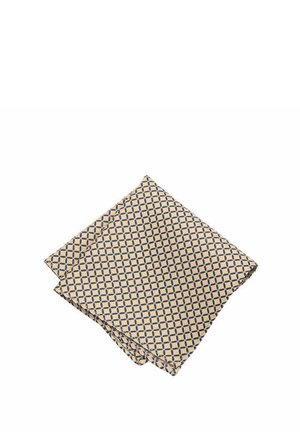 Beige patterned pocket square with a geometric navy blue design, made of lightweight fabric. Soft texture with neatly finished edges.