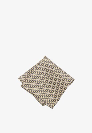 Beige patterned pocket square with a geometric navy blue design, made of lightweight fabric. Soft texture with neatly finished edges.