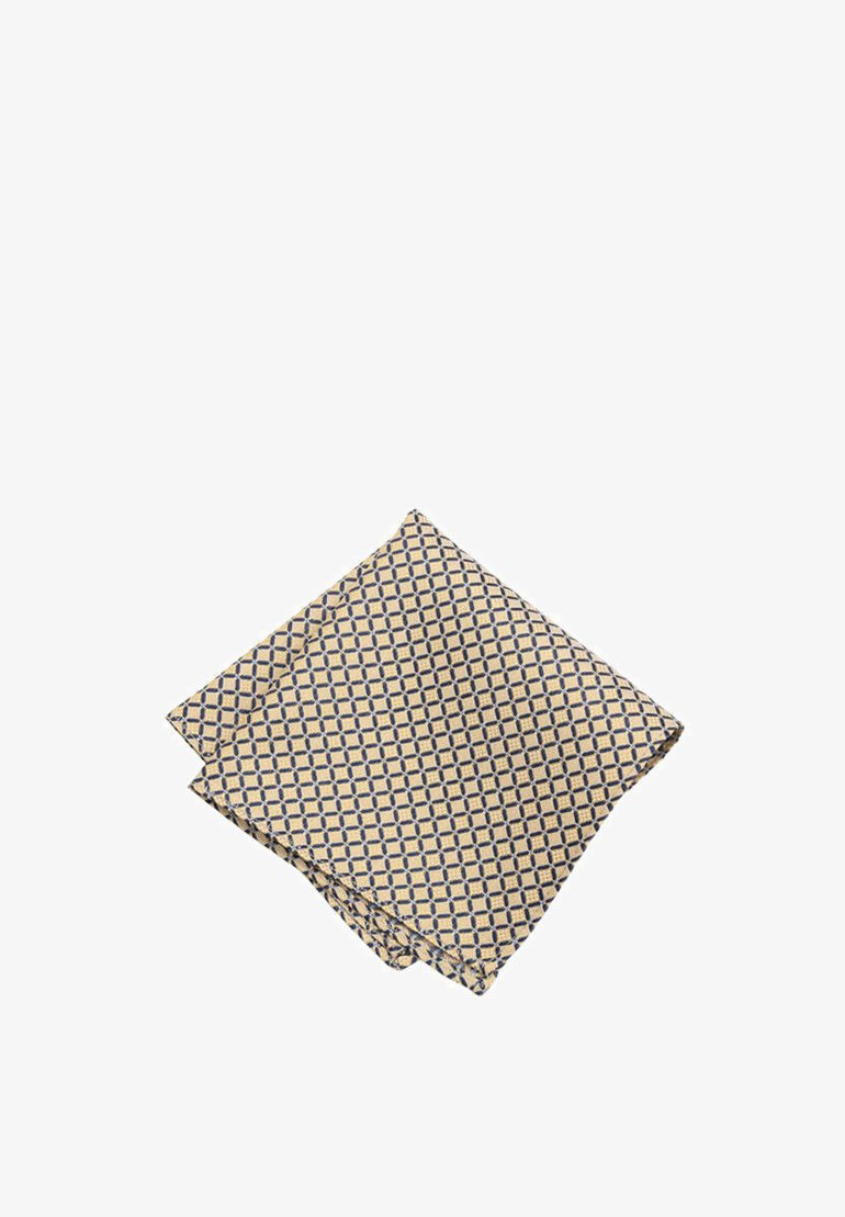 Beige patterned pocket square with a geometric navy blue design, made of lightweight fabric. Soft texture with neatly finished edges.