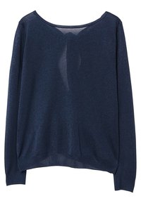 Granatowa, długi rękaw, dzianinowa bluzka z szerokim dekoltem, półprzezroczystą teksturą oraz ściągaczami na mankietach i dole. Posiada subtelny detal z tyłu.