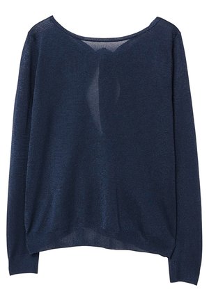 Haut en tricot bleu marine à manches longues avec un large col, texture semi-transparente et poignets et ourlet côtelés. Présente un détail subtil au dos.