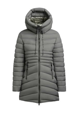 Palton lung gri, matlasat, de iarnă, cu guler înalt umplut, glugă, fermoar frontal și două buzunare cu fermoar.