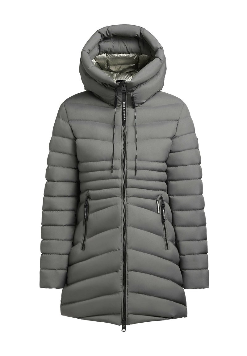Lungo cappotto invernale grigio trapuntato con colletto alto imbottito, cappuccio, zip frontale e due tasche con zip.
