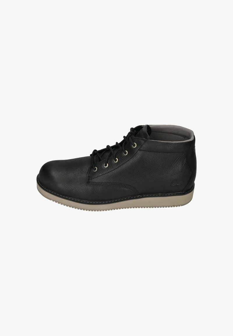 Schwarze Leder-Stiefeletten mit strukturiertem Obermaterial, runder Zehenpartie, sechs Ösen für Schnürsenkel und einer hellen Gummisohle.