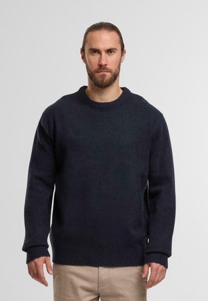 Maglione lavorato a maglia blu navy con colletto e polsini a coste, caratterizzato da una vestibilità rilassata e da una texture morbida. Adatto per un abbigliamento casual.