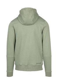 Lichtgroene hoodie van een katoenmix. Heeft een voorste kangoeroezak, ribgebreide manchetten en onderkant, met een logo gedrukt op de onderzijde.