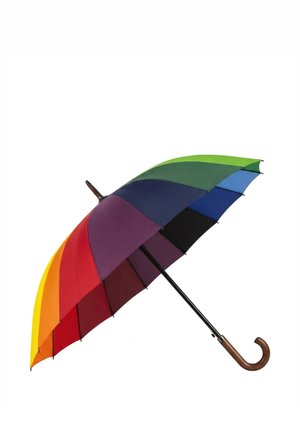 Opened umbrella with curved wooden handle and canopy in rainbow colors from yellow to green on white background.