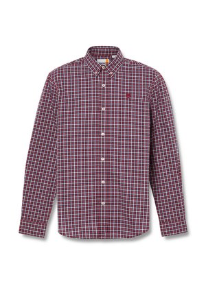 Rot und blau kariertes Langarmhemd mit Button-Down-Kragen, weißen Knöpfen und Logo auf der Brust gestickt. Baumwollstoff.