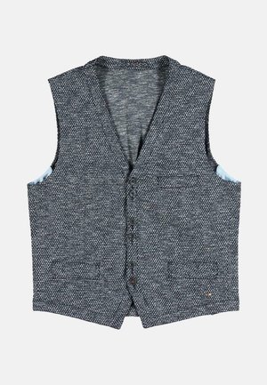 Gilet sans manches pour homme boutonné avec petit motif géométrique en gris foncé et blanc, avec poches avant et col en V.