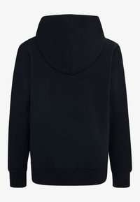 Felpa con cappuccio di un blu scuro, realizzata in un tessuto morbido, con cappuccio arrotondato, polsini a coste e un orlo dritto senza elementi di design visibili.