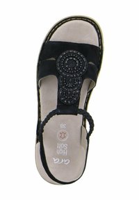 Sandal nera con tomaia in tessuto texture, dettagli in perle circolari e cinturini intrecciati. Sottopiede beige morbido e suola in gomma. Taglia 38.