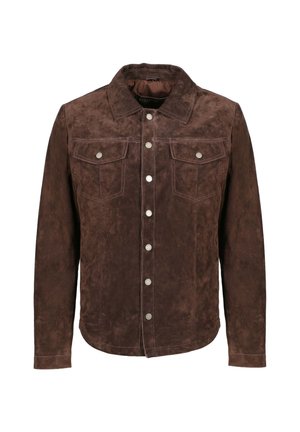 Braune Wildlederjacke mit silbernen Druckknöpfen, zwei Brusttaschen mit Klappen, langen Ärmeln und klassischem Kragen.