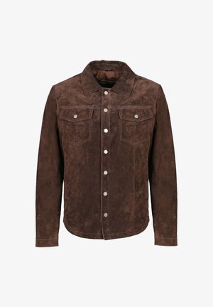 Veste en daim marron avec boutons-pression argentés, deux poches poitrine à rabat, manches longues et col classique.