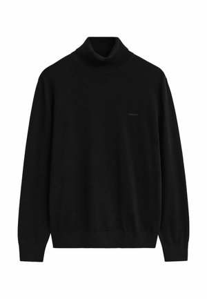 Black turtleneck sweater made of soft fabric, featuring long sleeves and a ribbed collar. Subtle logo detail on the front.