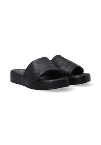 Sorte læder slidesandaler med bred svangstøtte, flad sål og en glat tekstur, der har et minimalistisk design uden synligt hardware.