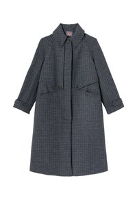 Manteau à carreaux gris et bleu avec col, fermetures à boutons et poches latérales. Fabriqué en tissu texturé avec une coupe décontractée.