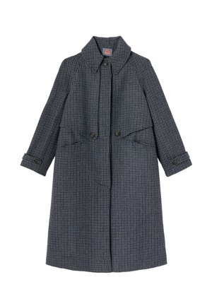 Manteau à carreaux gris et bleu avec col, fermetures à boutons et poches latérales. Fabriqué en tissu texturé avec une coupe décontractée.