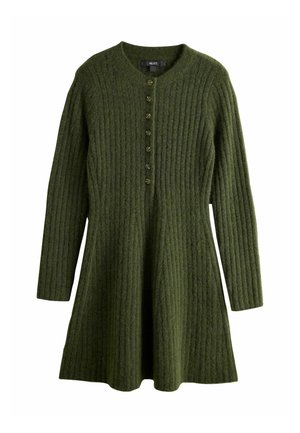 Strik cardigan med lange ærmer i olivengrøn med ribbet struktur og syv knapper foran, der svajer let ud forneden.