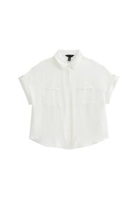 Camicia bianca a maniche corte con bottoni, realizzata in tessuto leggero, con colletto e due tasche sul petto. Design semplice e vestibilità rilassata.