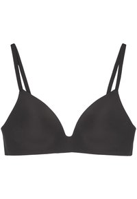 Soutien-gorge triangle noir avec de fines bretelles réglables. Présente une texture lisse et un décolleté en V. La marque est estampillée sur la bande.