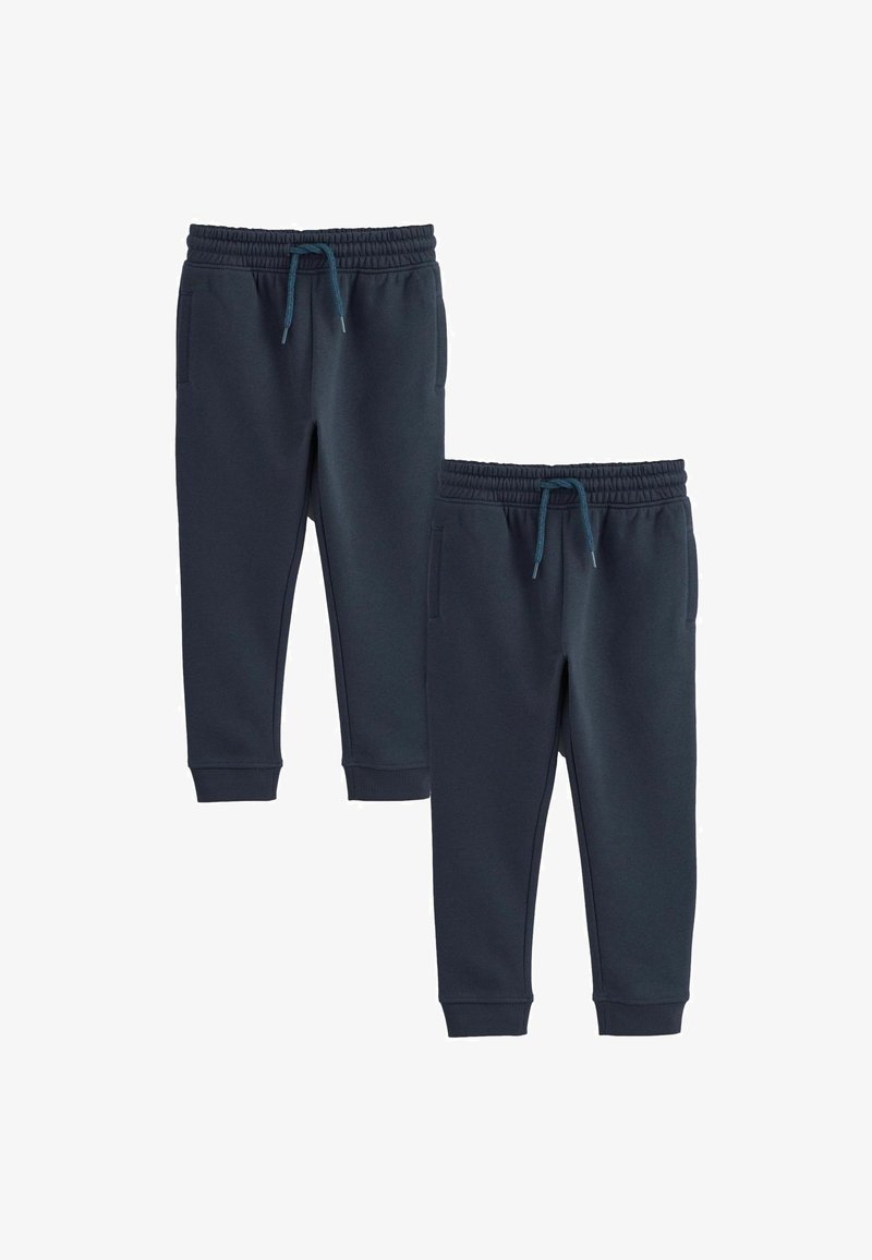 Due pantaloni da jogging blu navy per bambini con vita elasticizzata e coulisse, tasche laterali e polsini a coste, mostrati su sfondo bianco.