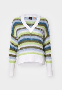 V-neck striped sweater featuring blue, green, brown, and white hues. Knit texture with fringe accents, cropped fit, and ribbed hem and cuffs.