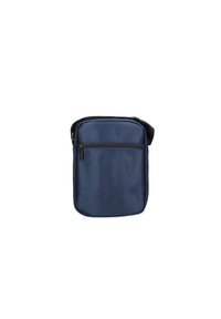 Borsa a tracolla in tessuto blu navy con tasca frontale con zipper, forma rettangolare, fondo piatto e tracolla regolabile. Texture liscia.