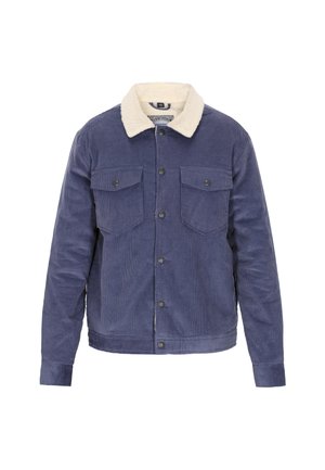 Marineblauwe corduroy jas met een gestructureerde stof, zachte crèmekleurige schapenvacht kraag en twee borstzakken, voorzien van knoopsluitingen en lange mouwen.