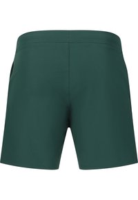 Grüne Schwimmshorts mit einer glatten Textur, ausgestattet mit einem mittelhohen Bund und zwei Seitentaschen. Sauberes Design, ohne sichtbare Muster oder Verzierungen.