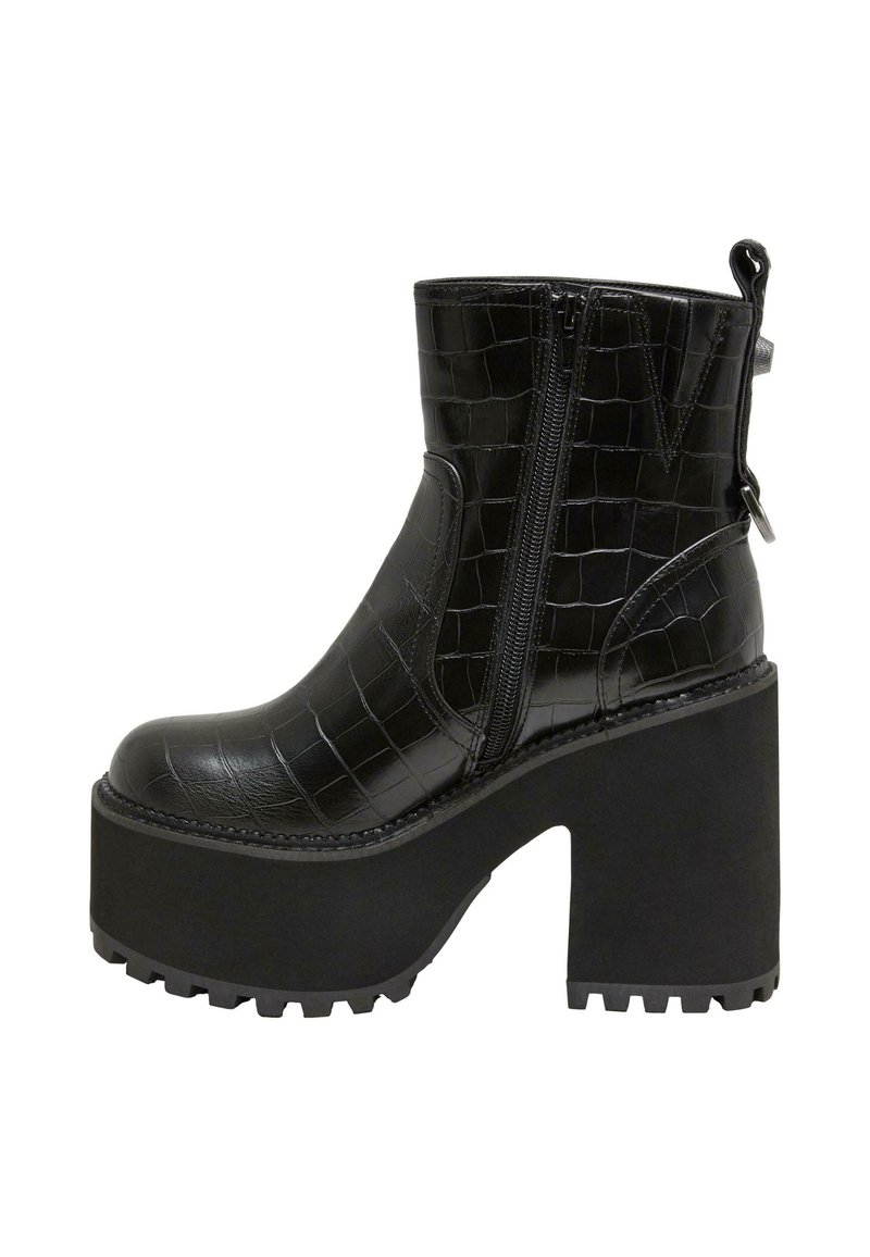 Botas negras hasta el tobillo hechas de cuero sintético con grabado de cocodrilo. Cuentan con una suela de plataforma gruesa, cremallera lateral y un talón reforzado.