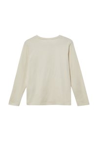 Koszula z długim rękawem z jasnobeżowej bawełny, z okrągłym dekoltem i prostym krojem. Miękka tekstura bez widocznych wzorów ani elementów metalowych.