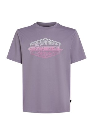 Lichtpaarse t-shirt met korte mouwen, gemaakt van zachte stof, met een grafisch O'Neill-logo in wit en roze met ingewikkelde ontwerpinformatie.