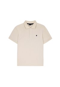 Polo shirt beige a maniche corte realizzato in cotone. Presenta un colletto classico, una patta con tre bottoni e un piccolo logo di un albero blu navy sul petto.