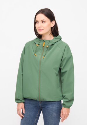 Green lightweight jacket with a hood, featuring yellow accents, a front zipper, and elastic cuffs. Smooth texture, casual fit design.