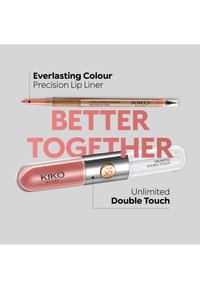 Kiko Milano Everlasting Colour lip liner and Unlimited Double Touch lip gloss shown with "Better Together" text on gray background.