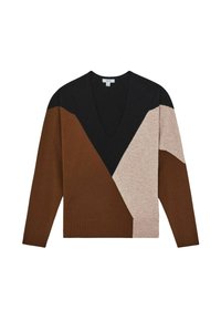 Maglione a V con maniche lunghe caratterizzato da un design geometrico a blocchi di colore in nero, marrone e beige. Realizzato in una texture morbida.