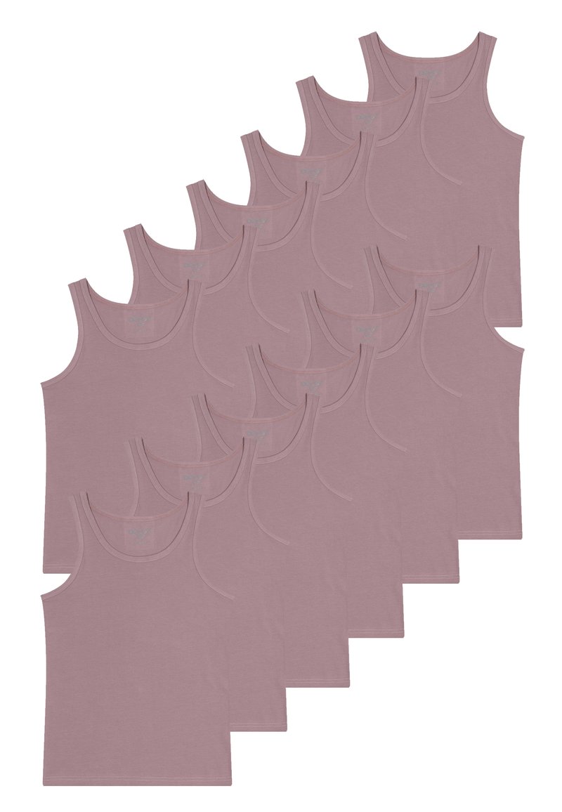 Sæt af 12 lyse mauve tank tops fremstillet af blødt stof, med smalle stropper og en dyb halsudskæring. Glat tekstur og sømløs finish.