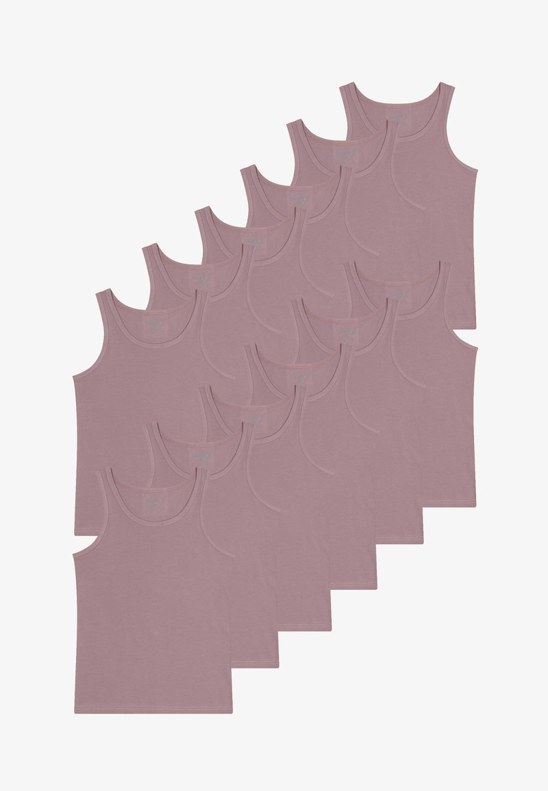 Sæt af 12 lyse mauve tank tops fremstillet af blødt stof, med smalle stropper og en dyb halsudskæring. Glat tekstur og sømløs finish.
