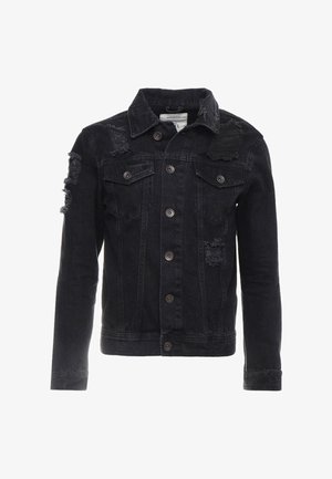 Svart denimjakke med slitte detaljer, knapper foran, to brystlommer og en klassisk krage.