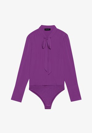 Long-sleeve purple bodysuit with a collar, tie detail, and a fitted bottom. Smooth texture with a slightly shiny finish.