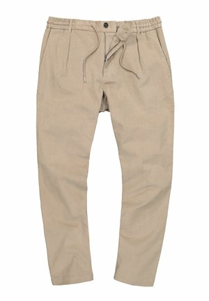 Beige Cord-Ripp-Hosen mit elastischem Bund, verstellbarem Kordelzug und Vorderfalten. Mit Reißverschluss und Knopfverschluss.